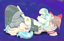 Size: 3000x1931 | Tagged: safe, artist:chopsticks, imported from derpibooru, angel wings, coco pommel, marble pie, vapor trail, earth pony, pegasus, pony, bow, bracelet, cheek fluff, chest fluff, cuddle puddle, cuddling, cute, ear fluff, female, floppy ears, hair bow, jewelry, lying down, mare, pony pile, sleeping, unshorn fetlocks