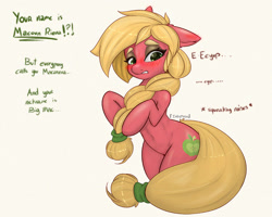 Size: 1000x798 | Tagged: safe, artist:inkypuso, imported from derpibooru, big macintosh, earth pony, pony, 2022, alternate hairstyle, belly button, blushing, descriptive noise, eeyup, eyeshadow, freckles, lip bite, macareina, makeup, nervous, offscreen character, rule 63, shy, solo