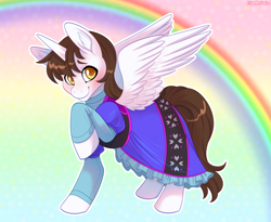 Size: 3464x2840 | Tagged: safe, artist:minettefraise, imported from derpibooru, oc, oc:mitchy, alicorn, alicorn oc, blushing, crossdressing, femboy, horn, male, princess, rainbow, solo, wings