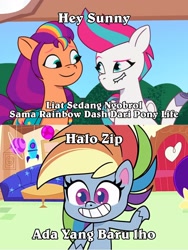 Size: 1717x2289 | Tagged: safe, edit, edited screencap, imported from derpibooru, screencap, rainbow dash, sunny starscout, zipp storm, earth pony, pegasus, pony, my little pony: pony life, spoiler:g5, spoiler:my little pony: tell your tale, spoiler:pony life s02e04, spoiler:tyts01e02, comic, cotton candy-colored glasses, cute, dashabetes, female, g4.5, g5, grin, indonesian, mare, meeting, my little pony: tell your tale, screencap comic, smiling, translation request, zipp's flight school