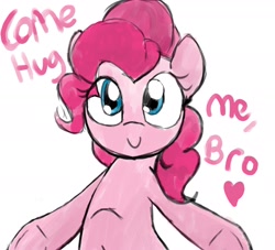 Size: 2200x2000 | Tagged: safe, artist:datte-before-dawn, pinkie pie, earth pony, pony, bipedal, female, looking at you, mare, simple background, smiling, solo, text, underhoof, white background