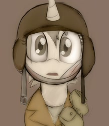 Size: 1910x2200 | Tagged: safe, artist:datte-before-dawn, oc, oc only, pony, unicorn, brown background, clothes, female, helmet, horn, mare, open mouth, simple background, solo, thousand yard stare, uniform