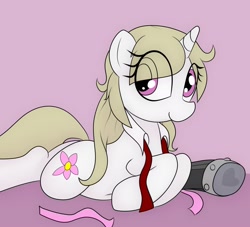 Size: 2200x2000 | Tagged: safe, artist:datte-before-dawn, oc, oc only, pony, unicorn, amputee, eye clipping through hair, female, horn, mare, necktie, prone, prosthetic leg, prosthetic limb, prosthetics, solo, unicorn oc