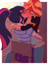 Size: 1200x1600 | Tagged: safe, artist:rockset, imported from ponybooru, sci-twi, sunset shimmer, twilight sparkle, human, equestria girls, female, females only, hug, humanized, kissing