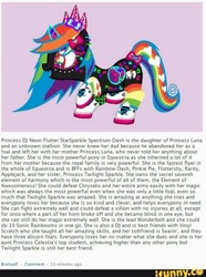 Size: 544x733 | Tagged: safe, imported from derpibooru, oc, oc only, oc:princess dj neon flutter starsparkle spectrum dash, alicorn, pony, best pony, canon x oc, female, implied applejack, implied chrysalis, implied fluttershy, implied pinkie pie, implied princess celestia, implied princess luna, implied rainbow dash, implied rarity, implied soarin', implied twilight sparkle, implied vinyl scratch, original character do not steal, parent:princess luna, solo, text