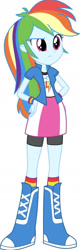 Size: 527x1655 | Tagged: safe, imported from twibooru, rainbow dash, equestria girls, boots, clothes, high heel boots, image, needs more jpeg, shirt, shoes, simple background, skirt, socks, solo, transparent background, vest