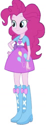 Size: 602x1640 | Tagged: safe, imported from twibooru, pinkie pie, equestria girls, boots, bow, bowtie, clothes, cutie mark, cutie mark on clothes, high heel boots, image, needs more jpeg, ribbon, shirt, shoes, simple background, skirt, solo, transparent background