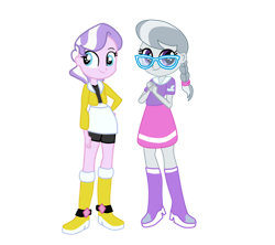Size: 948x843 | Tagged: safe, imported from twibooru, diamond tiara, silver spoon, equestria girls, boots, bow, bowtie, clothes, glasses, high heel boots, image, jacket, png, shirt, shoes, simple background, skirt, solo, transparent background, vest