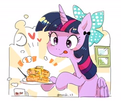 Size: 2048x1782 | Tagged: safe, artist:nendo, imported from derpibooru, twilight sparkle, alicorn, pony, bow, food, hair bow, heart, licking, licking lips, mug, pancakes, solo, tongue out, twilight sparkle (alicorn), window