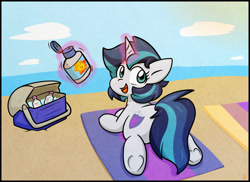 Size: 1280x934 | Tagged: safe, artist:zutcha, imported from derpibooru, shining armor, pony, unicorn, beach, cooler, gleaming shield, looking at you, rule 63, solo, sunscreen, towel