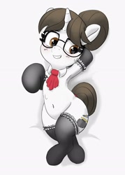 Size: 1887x2636 | Tagged: safe, artist:pabbley, imported from derpibooru, raven, pony, unicorn, armpits, belly button, blushing, clothes, cute, female, grin, looking away, lying down, mare, on back, smiling, socks, solo, sweat, sweatdrop, wide hips