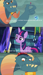 Size: 1428x2492 | Tagged: safe, artist:queencold, edit, edited screencap, imported from derpibooru, screencap, dragon lord torch, princess ember, twilight sparkle, alicorn, dragon, pony, gauntlet of fire, book, bookshelf, comic, fangs, horn, meme, misspelling, screencap comic, twilight sparkle (alicorn)