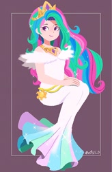 Size: 1346x2048 | Tagged: safe, artist:efuji_d, imported from derpibooru, kotobukiya, princess celestia, human, clothes, cute, cutelestia, dress, female, humanized, kotobukiya princess celestia, off shoulder, purple background, simple background, sitting, smiling, solo