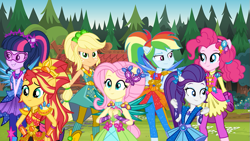 Size: 791x445 | Tagged: safe, artist:imperfectxiii, artist:mixiepie, artist:sugar-loop, editor:gouhlsrule, imported from derpibooru, applejack, fluttershy, pinkie pie, rainbow dash, rarity, sci-twi, sunset shimmer, twilight sparkle, equestria girls, legend of everfree, crossed arms, crystal guardian, eyebrows, eyebrows visible through hair, female, hand on hip, humane five, humane seven, humane six, ponied up, smiling, smirk