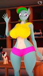 Size: 2160x3840 | Tagged: safe, artist:marshmallow-pone, imported from derpibooru, oc, oc only, oc:thalia blu, oc:vani, anthro, 3d, belly, belly button, big breasts, breasts, eyebrows, female, high res, huge breasts, looking at you, midriff, revamped anthros, smiling, smiling at you, solo, source filmmaker, waving at you, wide hips