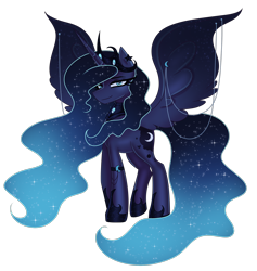 Size: 2880x3040 | Tagged: safe, artist:opal_radiance, imported from derpibooru, princess luna, alicorn, pony, commission, crown, ethereal mane, eyebrows, female, high res, hoof shoes, jewelry, looking at you, mare, peytral, princess, redesign, regalia, simple background, smiling, smiling at you, solo, spread wings, starry mane, starry tail, tail, transparent background, wings