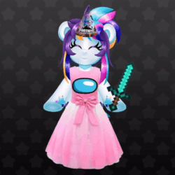 Size: 450x450 | Tagged: safe, artist:partylikeanartist, imported from derpibooru, oc, oc:indigo wire, pony, unicorn, among us, animated, bipedal, birthday, clothes, cringe comedy, diamond sword, dress, dressup, eye clipping through hair, eyebrows, eyebrows visible through hair, fortnite, gif, happy, hat, minecraft, open mouth, party hat, solo, sword, vtuber, weapon, wingding eyes