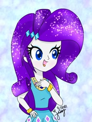 Size: 768x1024 | Tagged: artist needed, source needed, safe, imported from derpibooru, rarity, human, equestria girls, 2021, female, hand on chest, hand on hip, open mouth, open smile, signature, smiling, solo