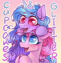 Size: 1979x2048 | Tagged: safe, artist:kreteen art, imported from derpibooru, izzy moonbow, pinkie pie, earth pony, pony, unicorn, blushing, female, g5, heart eyes, mare, open mouth, smiling, wingding eyes