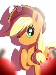 Size: 768x1024 | Tagged: artist needed, safe, imported from derpibooru, applejack, earth pony, pony, apple, cute, female, food, jackabetes, one eye closed, solo