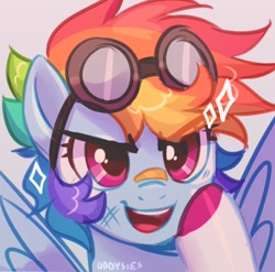 Size: 636x629 | Tagged: safe, artist:oddysies, imported from derpibooru, rainbow dash, pegasus, pony, alternate hairstyle, aviator goggles, bandaid, bandaid on nose, bust, cute, dashabetes, female, goggles, hoof on cheek, looking at you, mare, open mouth, open smile, portrait, profile picture, simple background, smiling, solo