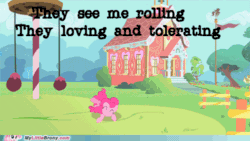 Size: 500x281 | Tagged: safe, edit, edited screencap, imported from derpibooru, screencap, pinkie pie, earth pony, pony, feeling pinkie keen, season 1, animated, artifact, chamillionaire, female, love and tolerate, meme, my little brony, ponyville schoolhouse, ridin, rolling, solo, song reference, text, watermark