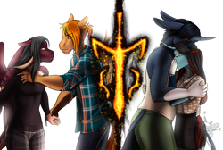 Size: 2368x1592 | Tagged: safe, artist:blackblood-queen, imported from derpibooru, oc, oc:annie belle, oc:daniel dasher, oc:phineas pennypincher jr., oc:singe, anthro, dracony, dragon, hybrid, unguligrade anthro, anthro oc, clothes, couple, crying, digital art, female, gay, hug, leonine tail, lichtenberg figure, lichtenberg scar, looking at each other, looking at someone, male, mare, muleicorn, oc x oc, plaid shirt, scar, shipping, shirt, stallion, story in the source, tail