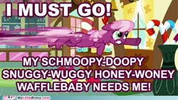 Size: 500x281 | Tagged: safe, edit, edited screencap, imported from derpibooru, screencap, cheerilee, earth pony, pony, hearts and hooves day (episode), season 2, artifact, caption, female, i must go, image macro, meme, my little brony, solo, sugarcube corner, text, watermark