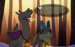 Size: 7113x4500 | Tagged: safe, artist:bearmation, imported from derpibooru, deer, llama, reindeer, them's fightin' herds, absurd resolution, breath, community related, duo, female, floppy ears, forest, frown, lantern, paprika (tfh), snow, snowfall, story included, text, tongue out, unamused, velvet (tfh)