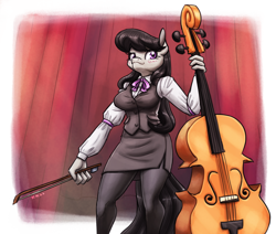Size: 2126x1800 | Tagged: safe, artist:king-kakapo, imported from derpibooru, part of a set, octavia melody, anthro, earth pony, bow (instrument), breasts, busty octavia melody, cello, cello bow, clothes, female, looking at you, low angle, musical instrument, pantyhose, ribbon, skirt, solo, vest