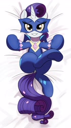 Size: 2271x4096 | Tagged: safe, artist:_ton618_, imported from derpibooru, radiance, rarity, pony, unicorn, body pillow, body pillow design, crossed legs, dock, female, looking at you, lying down, mare, on back, power ponies, smiling, smiling at you, solo, tail, underhoof, wrong eye color