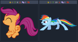 Size: 509x276 | Tagged: safe, imported from derpibooru, screencap, rainbow dash, scootaloo, pegasus, pony, derpibooru, female, filly, foal, mare, meta