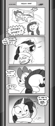 Size: 1451x3300 | Tagged: safe, artist:loreto-arts, imported from derpibooru, pinkie pie, rarity, spike, dragon, pony, comic:friendship is innuendo, comic:friendship is innuendo vol. 2, comic, female, hug, magic, male, monochrome, pinkamena diane pie, shipping, sparity, straight, winged spike, wings, yandere, yanderity