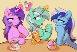 Size: 1581x1062 | Tagged: safe, artist:orchidpony, imported from derpibooru, amethyst star, lyra heartstrings, minuette, sparkler, pony, unicorn, cup, female, food, grin, ice cream, levitation, magic, mare, prank, salt shaker, saucer, smiling, smoothie, teacup, telekinesis, trio, trio female