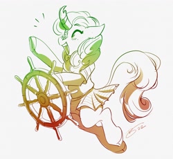 Size: 4096x3772 | Tagged: safe, artist:opalacorn, imported from derpibooru, oc, oc only, kirin, clothes, female, happy, kirin oc, mare, ship's wheel, simple background, skirt, solo, white background