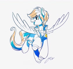 Size: 4096x3888 | Tagged: safe, artist:opalacorn, imported from derpibooru, oc, oc only, oc:blue skies, pegasus, pony, clothes, eye clipping through hair, flying, jacket, male, open mouth, signature, simple background, smiling, solo, spread wings, stallion, white background, wings