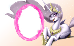 Size: 1440x900 | Tagged: safe, artist:johnjoseco, edit, editor:lanceomikron, imported from derpibooru, princess celestia, alicorn, pony, princess molestia, beautiful, bedroom eyes, best princess, big sexy, blushing, crown, ethereal mane, eyeshadow, female, flowing mane, folded wings, gradient background, hoof shoes, jewelry, looking at you, lying down, makeup, mare, meme template, open mouth, open smile, palette swap, peytral, portal, prone, recolor, regalia, signature, smiling, smiling at you, solo, sparkles, template, wallpaper, wingding eyes, wings