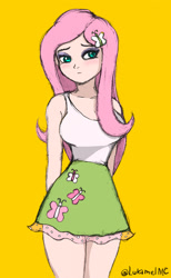 Size: 1280x2072 | Tagged: safe, artist:lukamelmc, imported from derpibooru, fluttershy, human, equestria girls, breasts, busty fluttershy, clothes, human coloration, simple background, skirt, sleeveless, solo, tanktop, yellow background