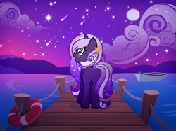 Size: 1200x896 | Tagged: safe, artist:jennieoo, imported from derpibooru, oc, oc only, oc:midnight twinkle, pony, unicorn, boat, butt, cloud, night, night sky, pier, plot, shooting star, show accurate, sky, solo, stars, water