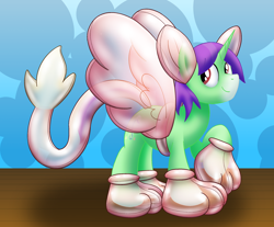 Size: 2250x1860 | Tagged: safe, artist:bladedragoon7575, imported from derpibooru, oc, oc only, oc:crescent star, crystal pony, sphinx, unicorn, clothes, cosplay, costume, crystal unicorn, fake ears, fake paws, fake tail, fake wings, fetish, inflatable, inflatable fetish, latex, paws, simple background