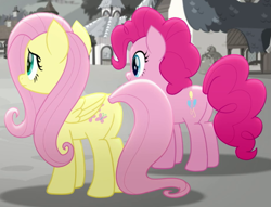 Size: 607x464 | Tagged: safe, imported from derpibooru, screencap, fluttershy, pinkie pie, rainbow roadtrip, butt, butt focus, cropped, plot