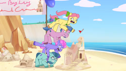 Size: 3410x1920 | Tagged: safe, imported from derpibooru, screencap, earth pony, pony, spoiler:g5, spoiler:my little pony: tell your tale, spoiler:tyts01e11, beach, bow, delightful trifle, female, g5, high res, male, mare, maretime bay day 2.0, my little pony: tell your tale, open mouth, pony pile, posey bloom, posey can't catch a break, stallion, sugarpuff lilac, tail, tail bow, tower of pony, unnamed character, unnamed pony