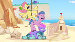 Size: 3410x1920 | Tagged: safe, imported from derpibooru, screencap, earth pony, pony, spoiler:g5, spoiler:my little pony: tell your tale, spoiler:tyts01e11, beach, bow, delightful trifle, female, g5, high res, male, mare, maretime bay day 2.0, my little pony: tell your tale, open mouth, posey bloom, posey can't catch a break, shrunken pupils, stallion, sugarpuff lilac, sweat, tail, tail bow, unnamed character, unnamed pony