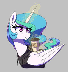 Size: 312x329 | Tagged: safe, artist:thebatfang, imported from derpibooru, princess celestia, alicorn, pony, aggie.io, clothes, coffee, female, glowing, glowing horn, gray background, horn, lidded eyes, magic, magic aura, mare, simple background, smiling, solo, sweatshirt, telekinesis, tired