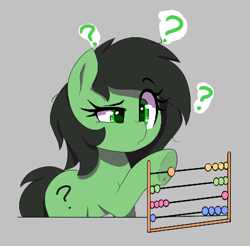 Size: 430x423 | Tagged: safe, artist:thebatfang, imported from derpibooru, oc, oc:filly anon, earth pony, pony, abacus, aggie.io, confused, earth pony oc, female, filly, foal, gray background, mare, question mark, simple background, solo