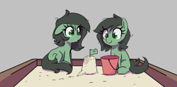 Size: 361x179 | Tagged: safe, artist:thebatfang, imported from derpibooru, oc, oc only, oc:filly anon, earth pony, pony, :o, aggie.io, bucket, cute, earth pony oc, female, filly, flag, floppy ears, foal, gray background, mare, no eyelashes, open mouth, picture for breezies, sandbox, sandcastle, simple background, sitting, smiling