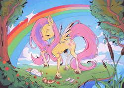 Size: 3508x2480 | Tagged: safe, artist:dizzychelsy, imported from derpibooru, angel bunny, fluttershy, ferret, mouse, pegasus, pony, animal, cattails, cloven hooves, female, food, forest, grass, lying down, on back, rainbow, reeds, river, screentone, sleeping, strawberry, tree, unshorn fetlocks, water