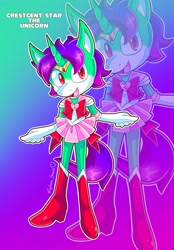 Size: 1423x2048 | Tagged: safe, alternate version, artist:gracie, imported from derpibooru, oc, oc only, oc:crescent star, anthro, crystal pony, unicorn, crossdressing, crystal unicorn, femboy, gradient background, male, mobian, sailor moon, sailor scout, sissy