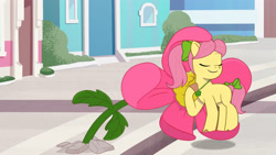 Size: 3410x1920 | Tagged: safe, imported from derpibooru, screencap, earth pony, pony, spoiler:g5, spoiler:my little pony: tell your tale, spoiler:tyts01e11, bow, eyes closed, female, flower, g5, high res, imminent vore, mare, maretime bay day 2.0, moments before disaster, my little pony: tell your tale, plant, plant vore, posey bloom, smiling, solo, tail, tail bow