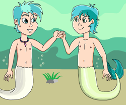 Size: 1632x1358 | Tagged: safe, artist:ocean lover, imported from derpibooru, sandbar, terramar, human, merboy, merman, belly button, chest, duo, duo male, fist bump, human coloration, humanized, jewelry, looking at each other, looking at someone, male, mermanized, mermay, necklace, pearl necklace, smiling, smiling at each other, underwater, water